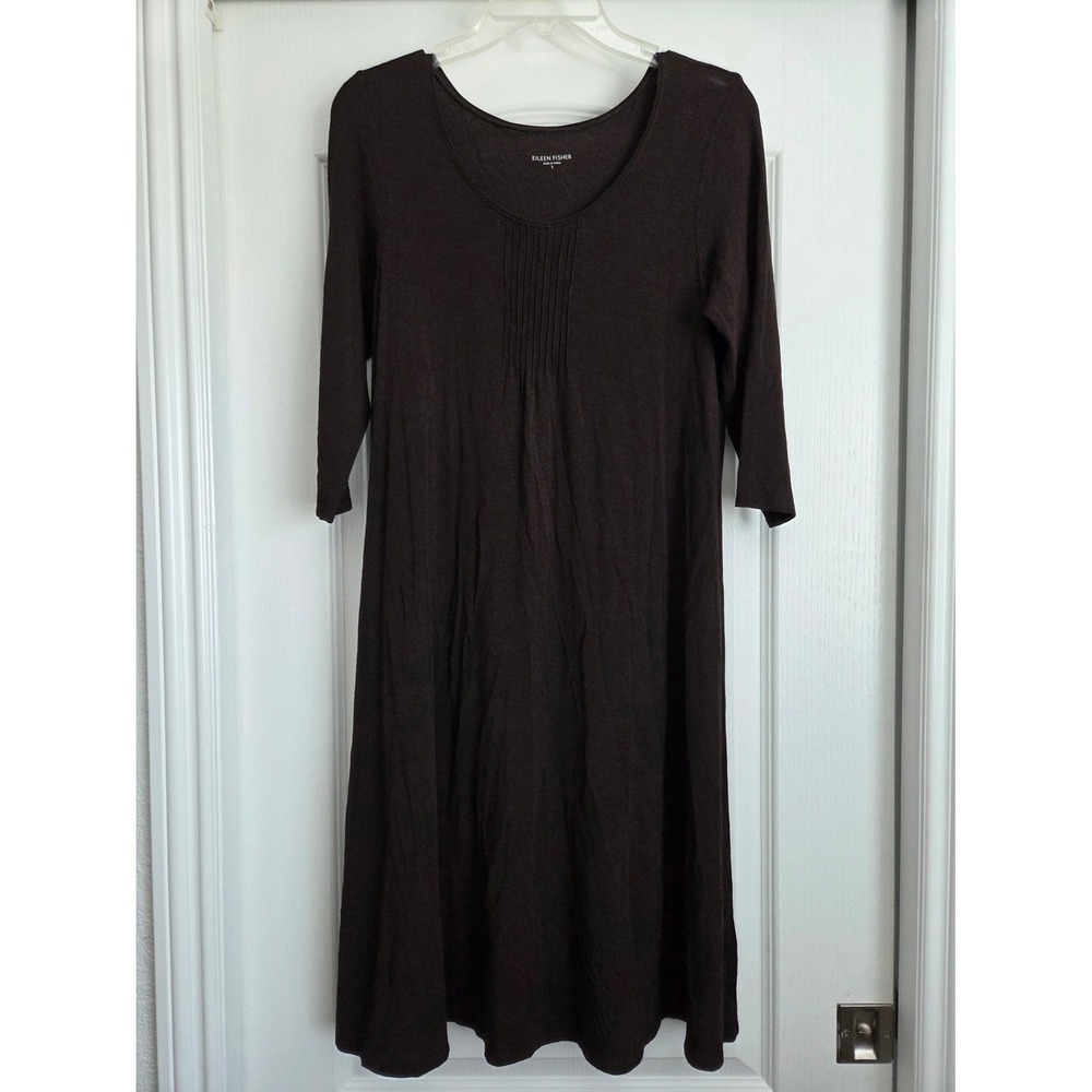 Eileen Fisher Knit 3/4‎ Sleeve Brown Scoop Neck Pin Tuck Dress Sz S Minimalist